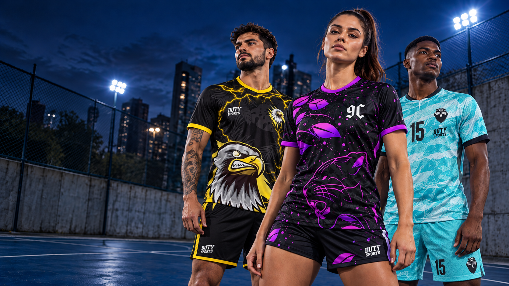 Modelos Duty com uniformes preto e amarelo, preto e roxo e turquesa